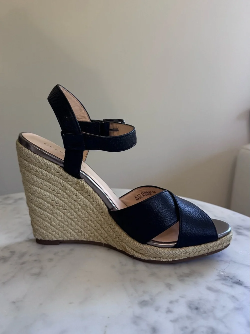 Cole Haan Hart Black Leather Espadrille Wedge Sandals - Women’s Size 5